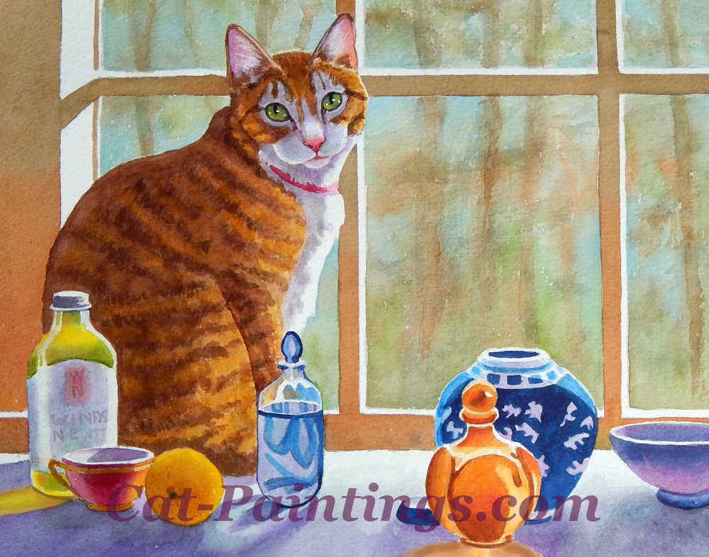 Nikos the tabby with glass bottles by Rachel M Brown
