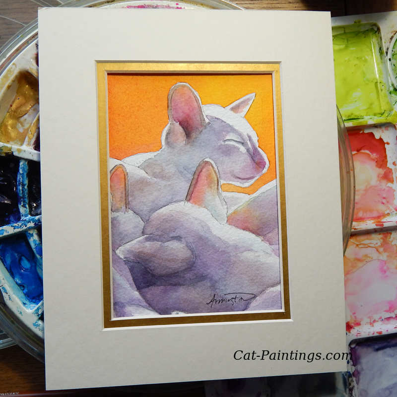 Framed painting of two siamese cats.