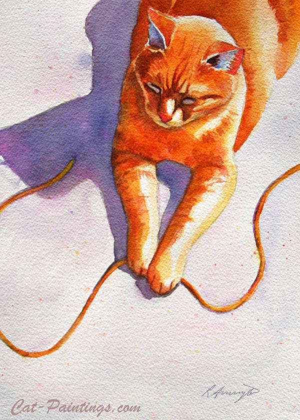 Painting of orange tabby cat playing with string