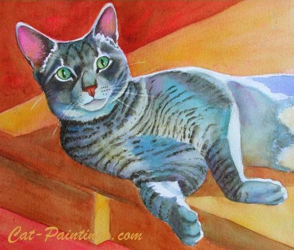 grey gray tabby cat painting