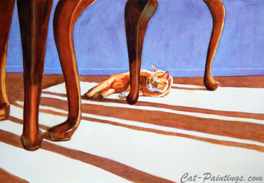 Painting of Widget the Orange Manx among the table legs