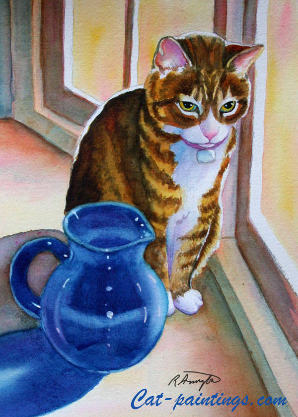original painting of tabby cat with blue glass pitcher