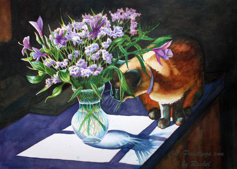 Siamese Cat with Flowers Paintings