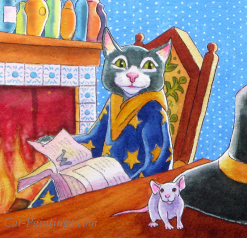 wizard cat and book of magic fairy paintings Rachel M Brown