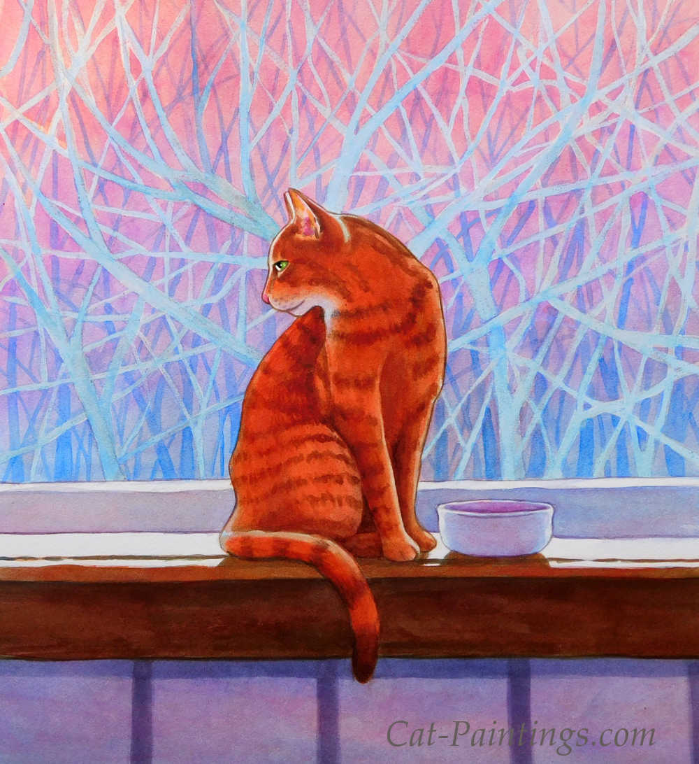 orange tabby cat in winter window cat paintings
