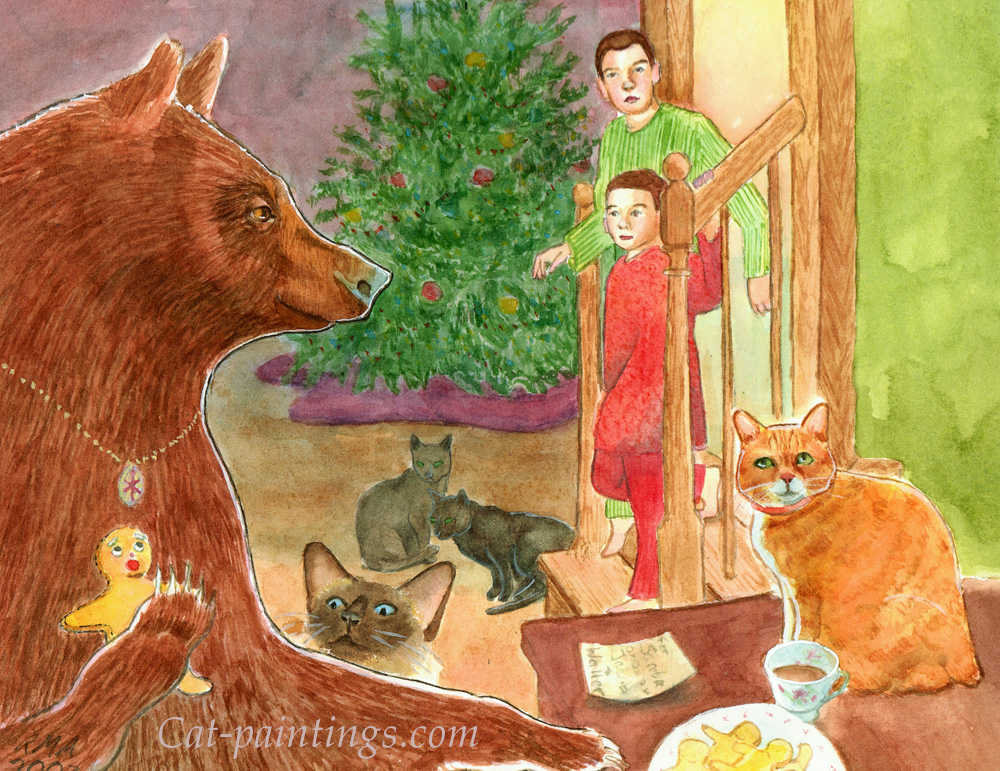 Christmas card with cats, kids and bear