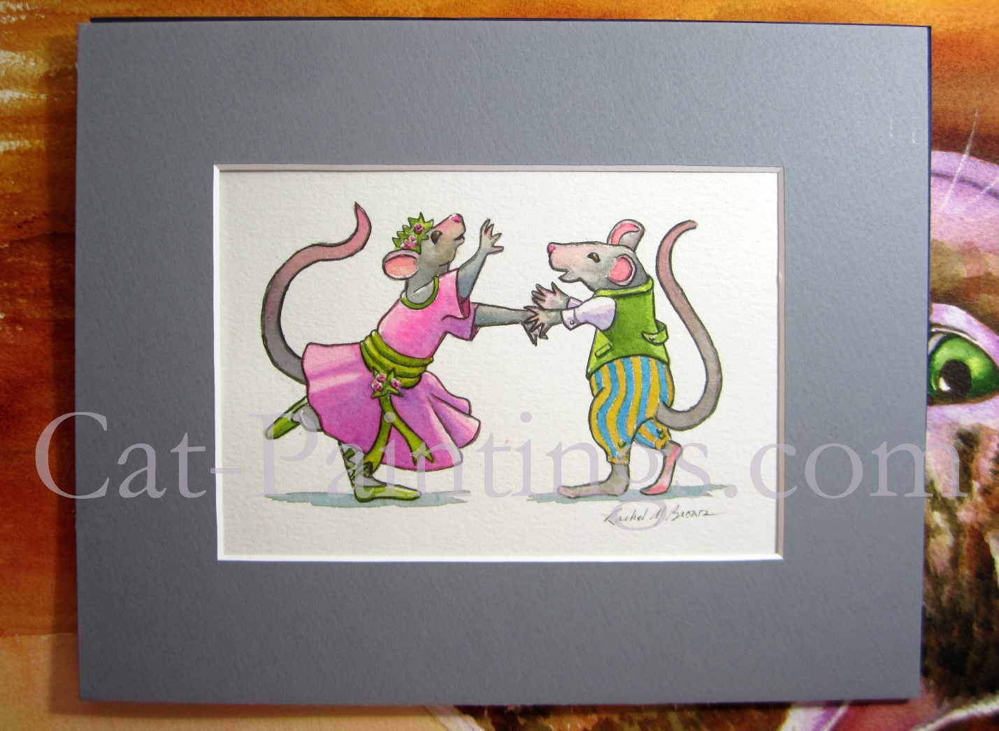 artwork for the dancing mice on back of tabby cat pillow