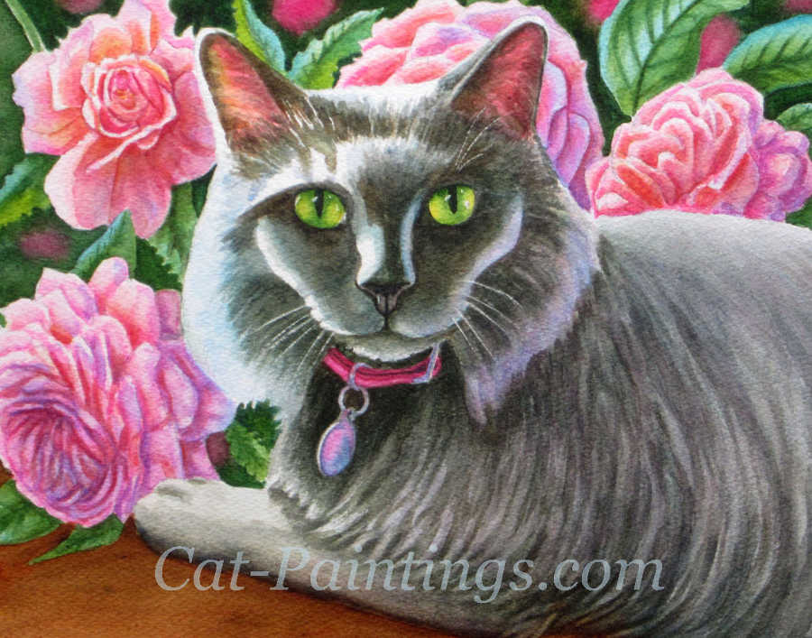 long hair grey cat watercolor portrait