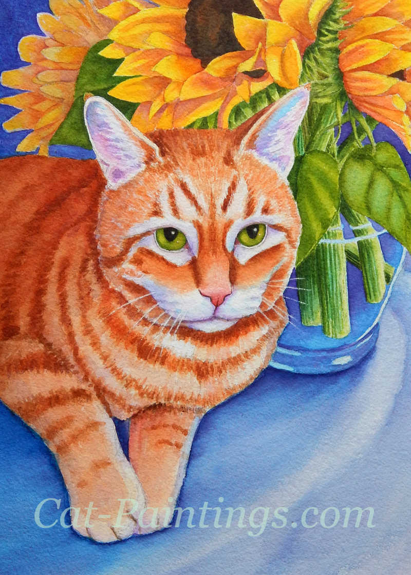 painting of orange tabby with sunflowers by Rachel M Brown